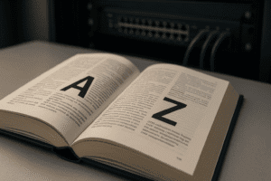 Dicionário aberto com letras A e Z em destaque ao lado de um switch Ethernet.