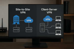 Comparação visual entre VPN site-to-site e VPN cliente-servidor em tela de computador