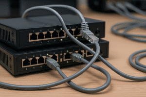 Imagem mostrando a topologia de rede com switches interconectados, representando o funcionamento do Spanning Tree Protocol (STP) para prevenção de loops