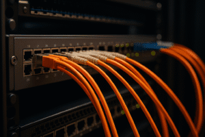 Close-up de um switch de rede 1U em um rack, com cabos ópticos laranja conectados a portas ativas, iluminadas por LEDs verdes, em um ambiente de data center.