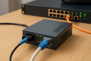 Conversor de mídia com conexões de fibra e Ethernet