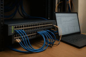 Switch de rede com 48 portas e notebook monitorando VLANs