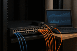 Conversor de mídia com fibra óptica conectada a switch