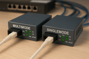 Conversores de mídia multimodo e monomodo lado a lado