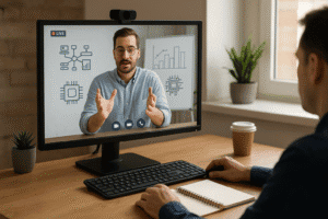 Profissional assiste a webinar técnico sobre soluções de rede, com foco em equipamentos como switches e conversores.