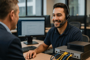 Engenheiro de suporte técnico da IRD.Net atendendo cliente corporativo em ambiente moderno com equipamentos de rede na mesa.