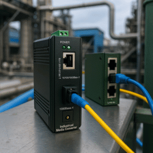 Conversor industrial de mídia conectado por cabos em ambiente fabril
