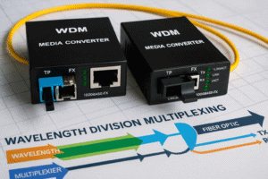 Dois conversores WDM conectados em rede óptica sobre bancada técnica