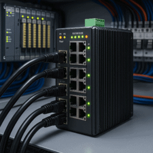 Switch industrial IRD.Net montado em painel com cabos conectados