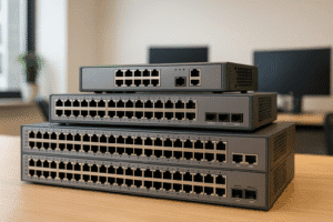 Modelos de switches comerciais empilhados em mesa de escritório