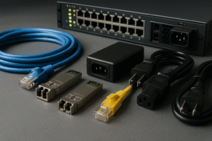 Acessórios para switch: cabos Ethernet, módulos SFP e fontes
