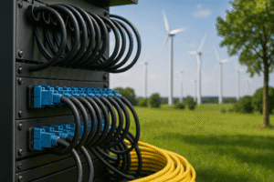 Infraestrutura de rede com cabos de fibra em campo com turbinas eólicas
