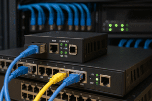 Switch de rede com cabos Ethernet conectados em um data center, foco em infraestrutura de TI e conectividade.