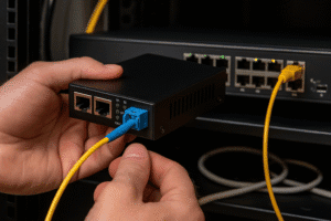 Mãos conectando cabo de fibra óptica em conversor de mídia