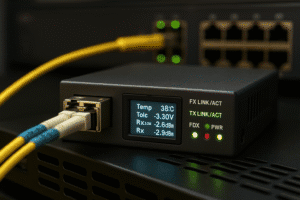 Conversor de mídia com DDM exibindo parâmetros ópticos