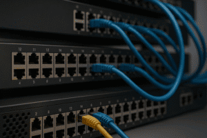 Switch de rede comercial com cabos conectados em rack profissional