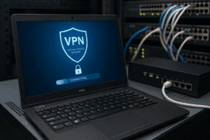Notebook conectado a VPN em data center com switches e roteador