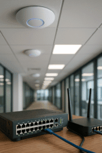 Switch conectado a access point em ambiente corporativo moderno