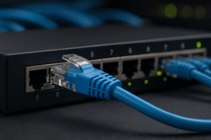 Conector RJ-45 azul em um switch Ethernet com cabo conectado