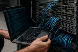 Técnico configurando switches com SDN em data center