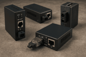 Quatro conversores de mídia sobre superfície neutra com diferentes tipos de portas Ethernet e ópticas