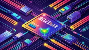 Conceito visual hiper-realista de rede Ethernet 802.3az com cabos coloridos conectando dispositivos de rede