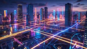 Cabo de fibra óptica iluminado com fundo de cidade inteligente ao anoitecer