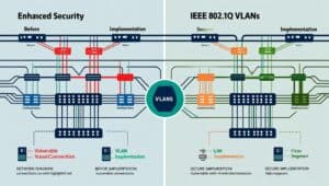 Switch Ethernet com portas VLAN IEEE 802.1Q conectadas, incluindo cabos amarelos e módulos SFP ativos