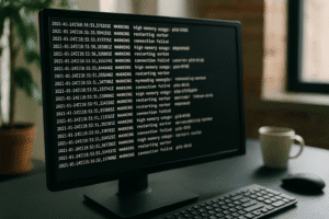 Tela de computador exibindo logs syslog com alertas de falha de conexão e uso de memória, em ambiente de trabalho técnico