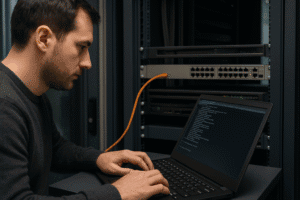 Técnico de redes digitando comandos CLI com switch ao fundo