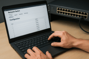 Interface Web UI de switch sendo configurada em notebook