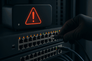 Mão com luva conectando cabo Ethernet em switch gerenciável com alerta de segurança ativo