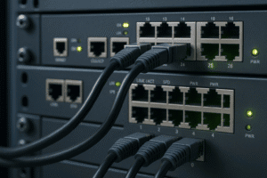 Conexão de switches Ethernet com agregação de links via IEEE 802.3ad (LACP), com cabos conectados e LEDs ativos