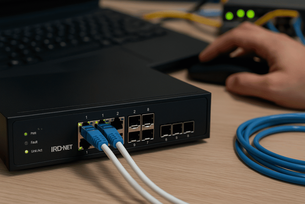 Close-up de um engenheiro de redes configurando Link Aggregation em switch IRD.Net com cabos Ethernet conectados