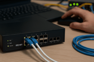 Close-up de um engenheiro de redes configurando Link Aggregation em switch IRD.Net com cabos Ethernet conectados