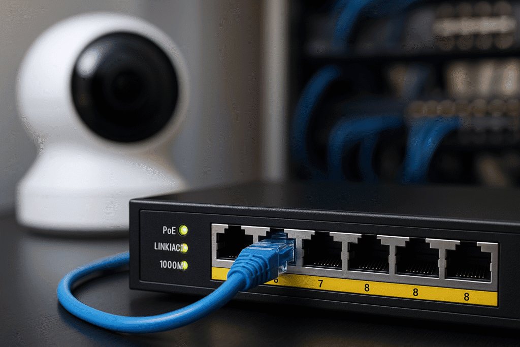 Switch PoE com cabo Ethernet azul e câmera IP ao fundo em ambiente corporativo