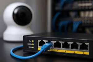 Switch PoE com cabo Ethernet azul e câmera IP ao fundo em ambiente corporativo