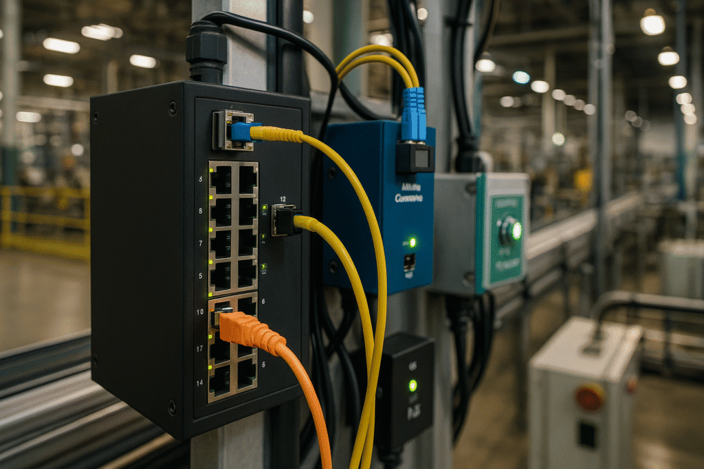 Switch Ethernet gerenciável IRD.Net com conversor de mídia e injetor PoE em ambiente industrial automatizado.