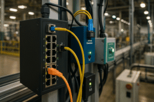 Switch Ethernet gerenciável IRD.Net com conversor de mídia e injetor PoE em ambiente industrial automatizado.