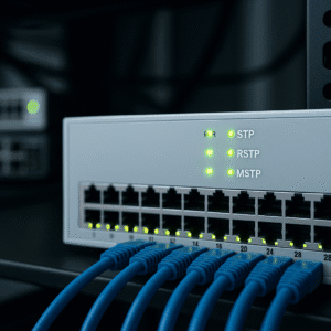 Switch gerenciável com LEDs ativos de STP, RSTP e MSTP e cabos Ethernet conectados