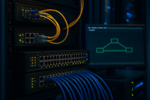 Data center moderno com switches gerenciáveis e topologia STP exibida em monitor