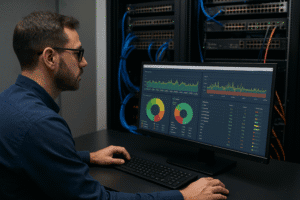 Profissional de TI monitorando tráfego de rede em servidor com dashboards de RMON.