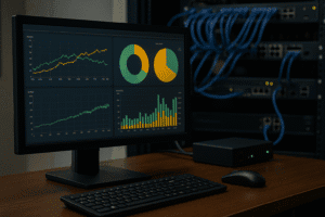 Monitoramento de rede com gráficos avançados em tela de computador, conectado a rack de switches Ethernet em ambiente corporativo