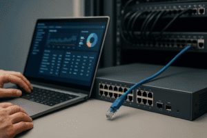 Administrador de rede configurando RMON em switch IRD.Net com análise de tráfego exibida em notebook.