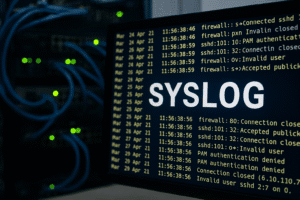 Tela de monitor com logs de syslog e rack de rede ao fundo