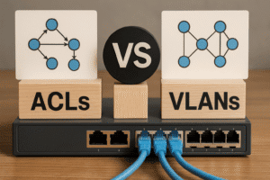 Representação visual hiper-realista de um switch Ethernet com elementos ACLs e VLANs destacados lado a lado, simbolizando a comparação entre os dois métodos de segmentação de rede.