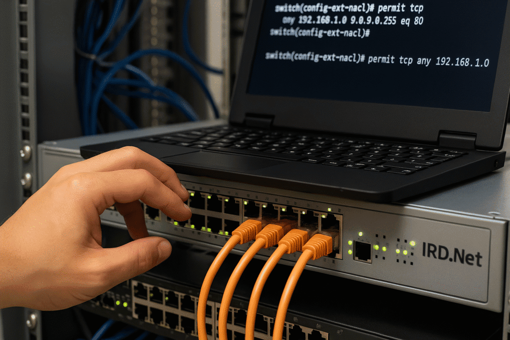 Técnico configurando ACL em switch IRD.Net com comandos CLI