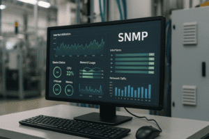 Monitor com dashboard SNMP em ambiente industrial moderno