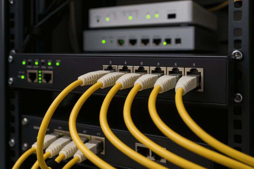 Switch gerenciável com múltiplas portas ativas em ambiente industrial configurado com MSTP.