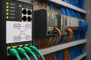 Switch industrial com diagrama Spanning Tree em painel de controle
